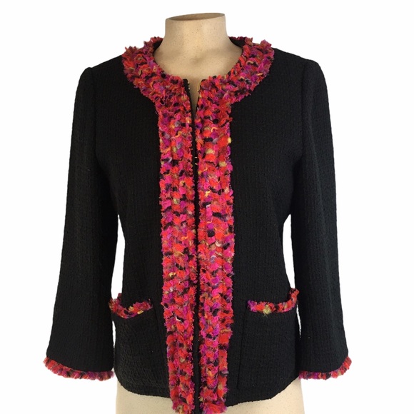 KATE SPADE Black Tweed Wool Blend Blazer Feathers